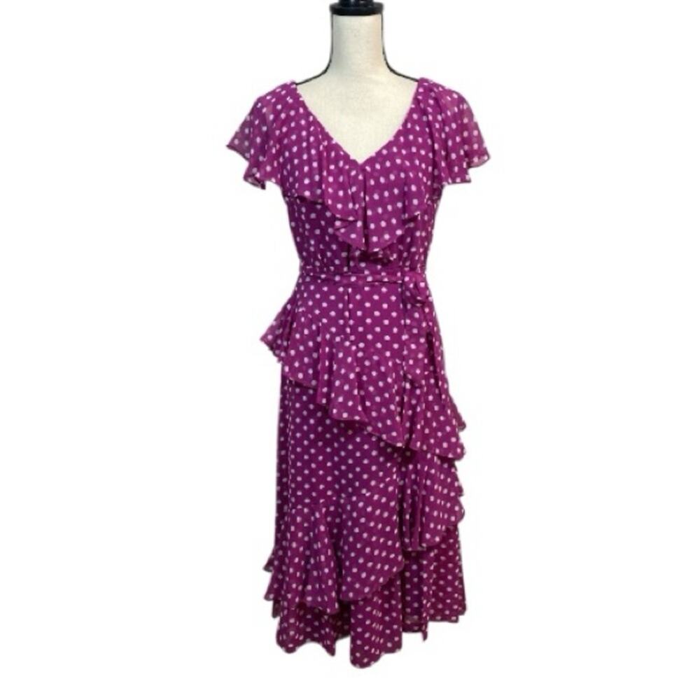 NWT Maison Tara Raspberry Pink Polka Dot Dress Asymmetrical Ruffles Size 6